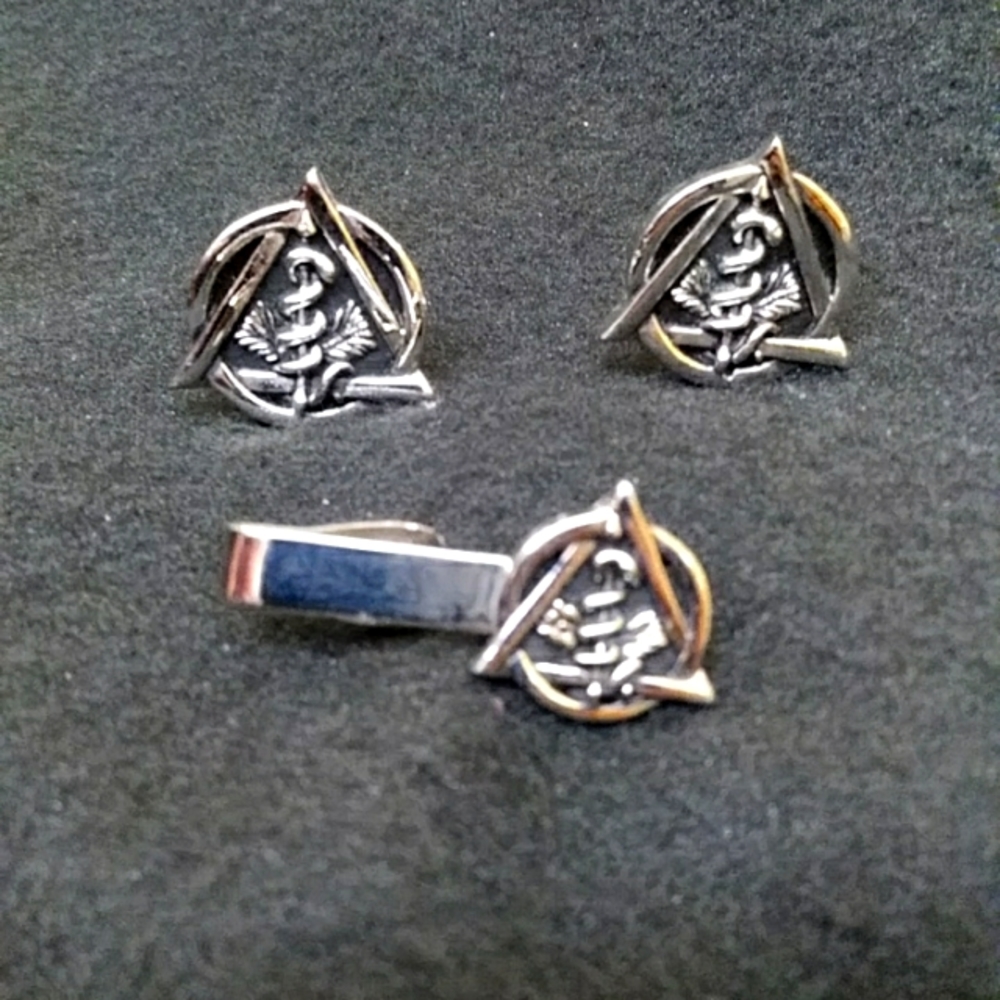 Doctor, Nurse Cufflinks & Tie Clasp, Medical, Staff of Asclepius, Silver